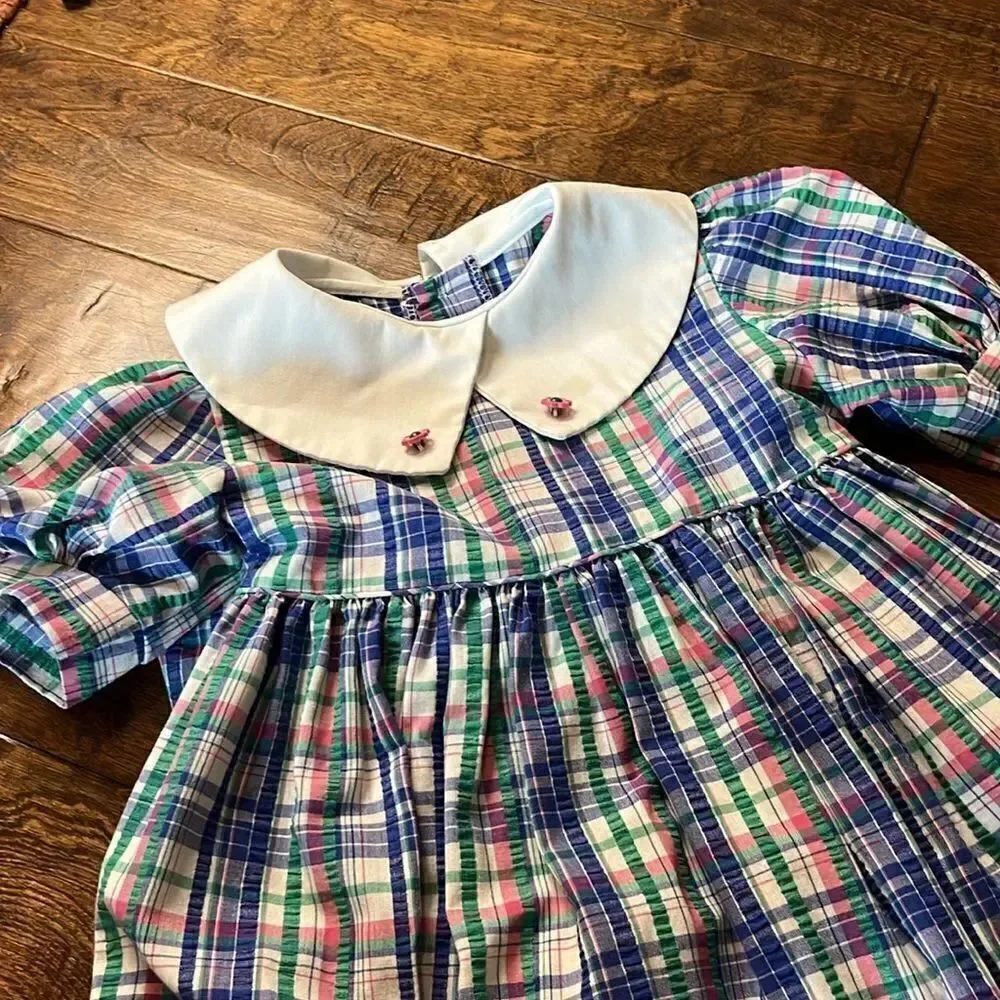 Monday’s Child Blue/Green/Pink Plaid Collared Belted Dress, size 5